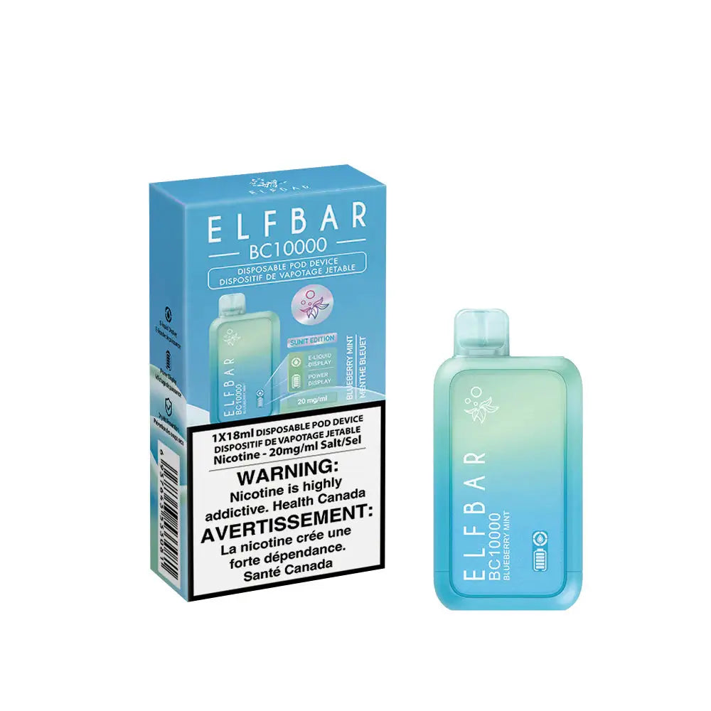 ELFBAR BC10000 Blueberry Mint disposable vape device and its blue packaging featuring a gradient teal design, product labels, and a health warning.