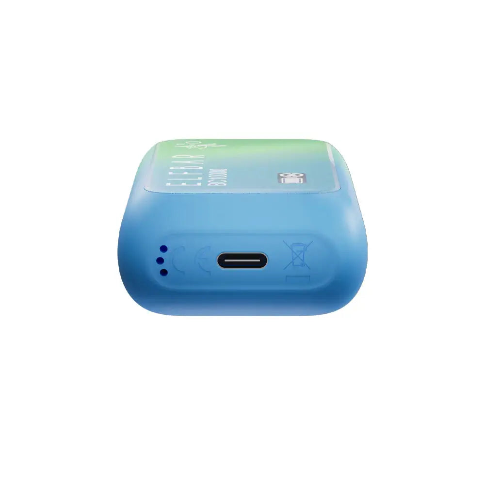 Bottom view of a blue ELFBAR BC10000 Blueberry Mint disposable vape showing the USB-C charging port and airflow holes on a white background.