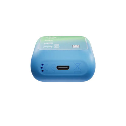 Bottom view of a blue ELFBAR BC10000 Blueberry Mint disposable vape showing the USB-C charging port and airflow holes on a white background.