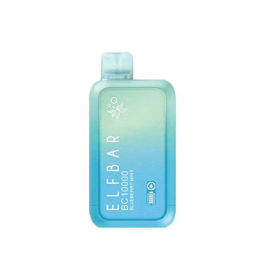 ELFBAR BC10000 Blueberry Mint disposable vape featuring a light green to blue gradient finish with a transparent mouthpiece and printed text reading ELFBAR BC10000 Blueberry Mint.