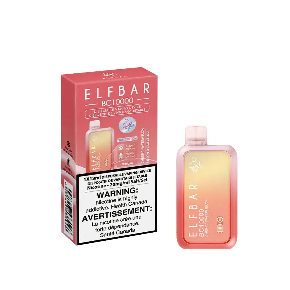 An ELFBAR BC10000 Cherry Watermelon disposable vape device with a pink and yellow gradient finish stands next to its pink cardboard packaging against a white background.