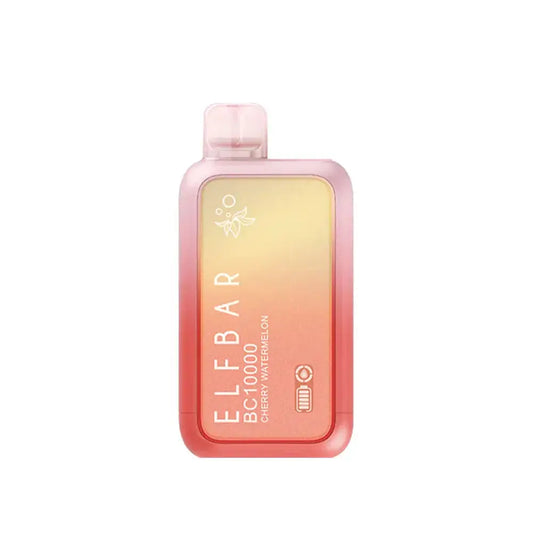 An ELFBAR BC10000 Cherry Watermelon disposable vape featuring a pink and yellow gradient body with a translucent mouthpiece and printed text reading ELFBAR BC10000 Cherry Watermelon.