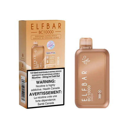 ELFBAR BC10000 Chilled Classic Red OGCO disposable vape device and its matching tan packaging featuring a nicotine warning label and e-liquid display indicators.