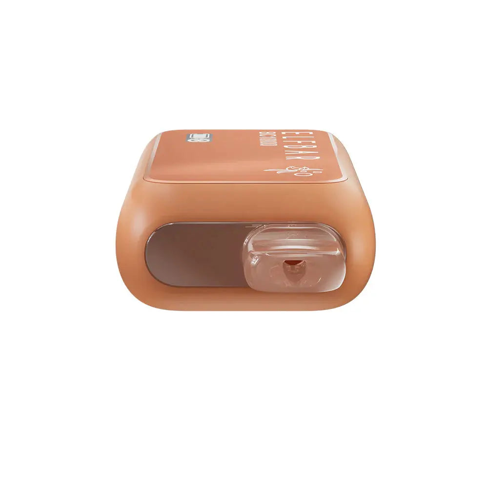 Top-down view of an ELFBAR BC10000 Chilled Classic Red disposable vape featuring a matte orange body and a clear plastic mouthpiece against a white background.