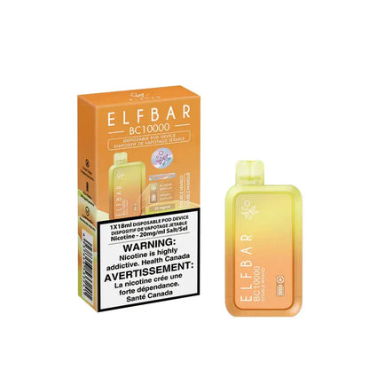An ELFBAR BC10000 Double Mango disposable vape device and its orange packaging featuring a nicotine warning label and product specifications.