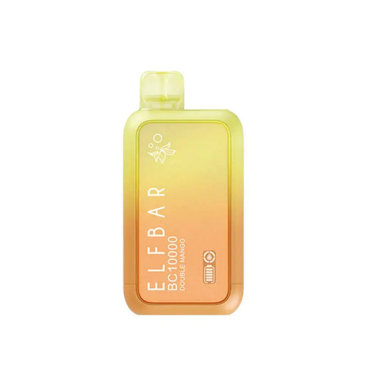 An ELFBAR BC10000 Double Mango disposable vape featuring a yellow and orange gradient body with a translucent mouthpiece and printed text indicating the brand and flavor.