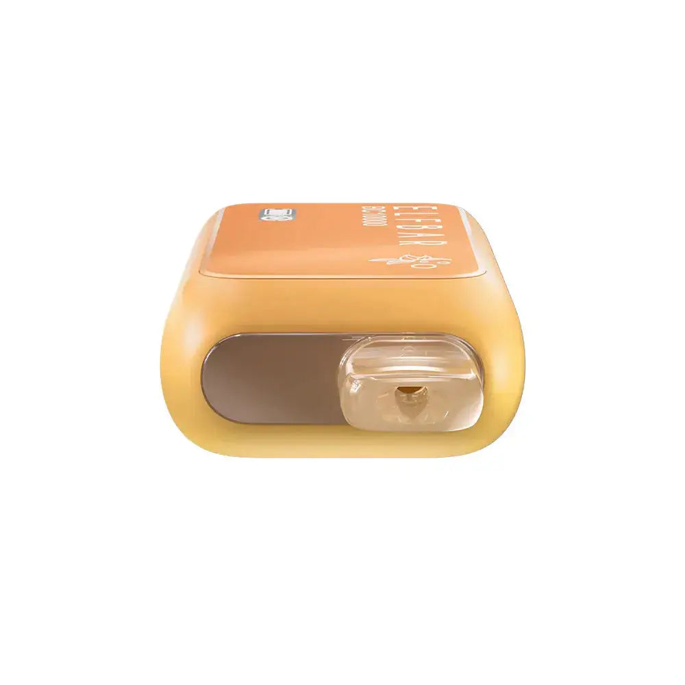 Top-down view of an orange ELFBAR BC10000 Double Mango disposable vape featuring a clear plastic mouthpiece and a matte finish body with the ELFBAR BC10000 logo visible on the side.