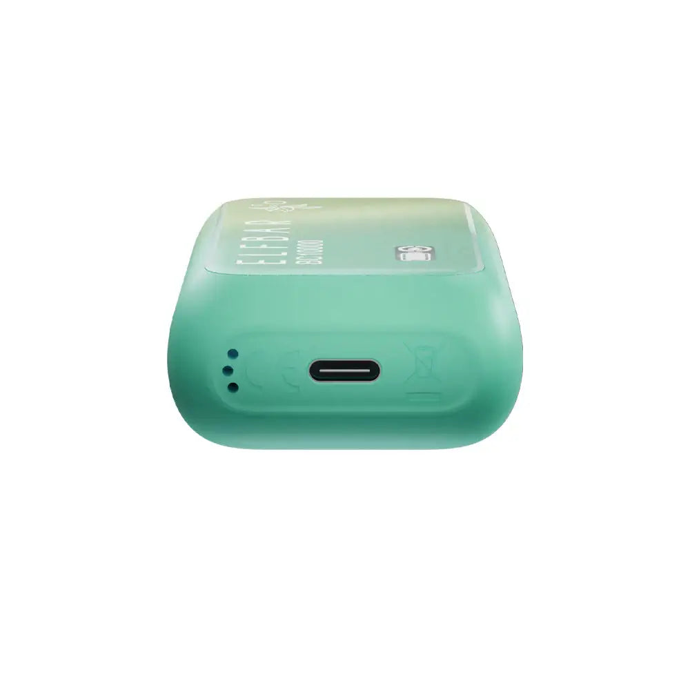 Bottom view of a mint green ELFBAR BC10000 Fuji Ice disposable vape showing the USB-C charging port and airflow holes against a white background.