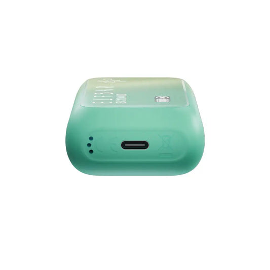 Bottom view of a mint green ELFBAR BC10000 Fuji Ice disposable vape showing the USB-C charging port and airflow holes against a white background.