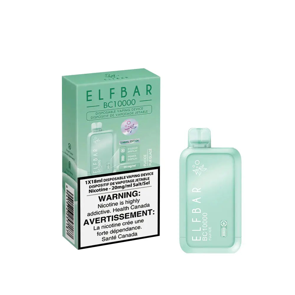 ELFBAR BC10000 Fuji Ice disposable vape device and its mint green packaging featuring a digital display indicator and nicotine warning labels.