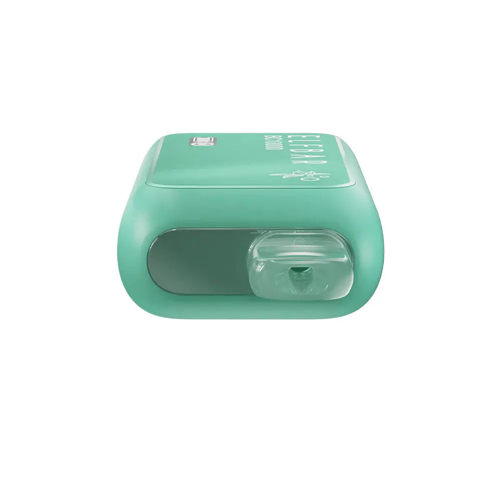 Top-down view of a teal ELFBAR BC10000 Fuji Ice disposable vape featuring a clear plastic mouthpiece and the ELFBAR BC10000 logo on a shimmering green surface.