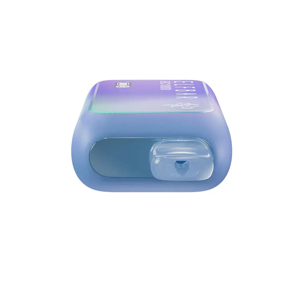 Top-down view of an ELFBAR BC10000 Grape Cherry disposable vape featuring a blue matte body and a clear plastic mouthpiece against a white background.