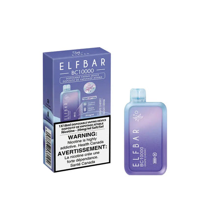 ELFBAR BC10000 Grape Cherry disposable vape device and its purple packaging box featuring a gradient design, e-liquid and power display icons, and a health warning label.