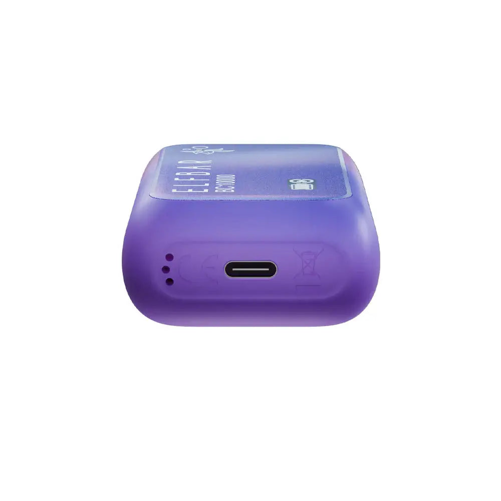 Bottom view of a purple ELFBAR BC10000 Grape Cherry disposable vape showing the USB-C charging port and airflow holes on a white background.