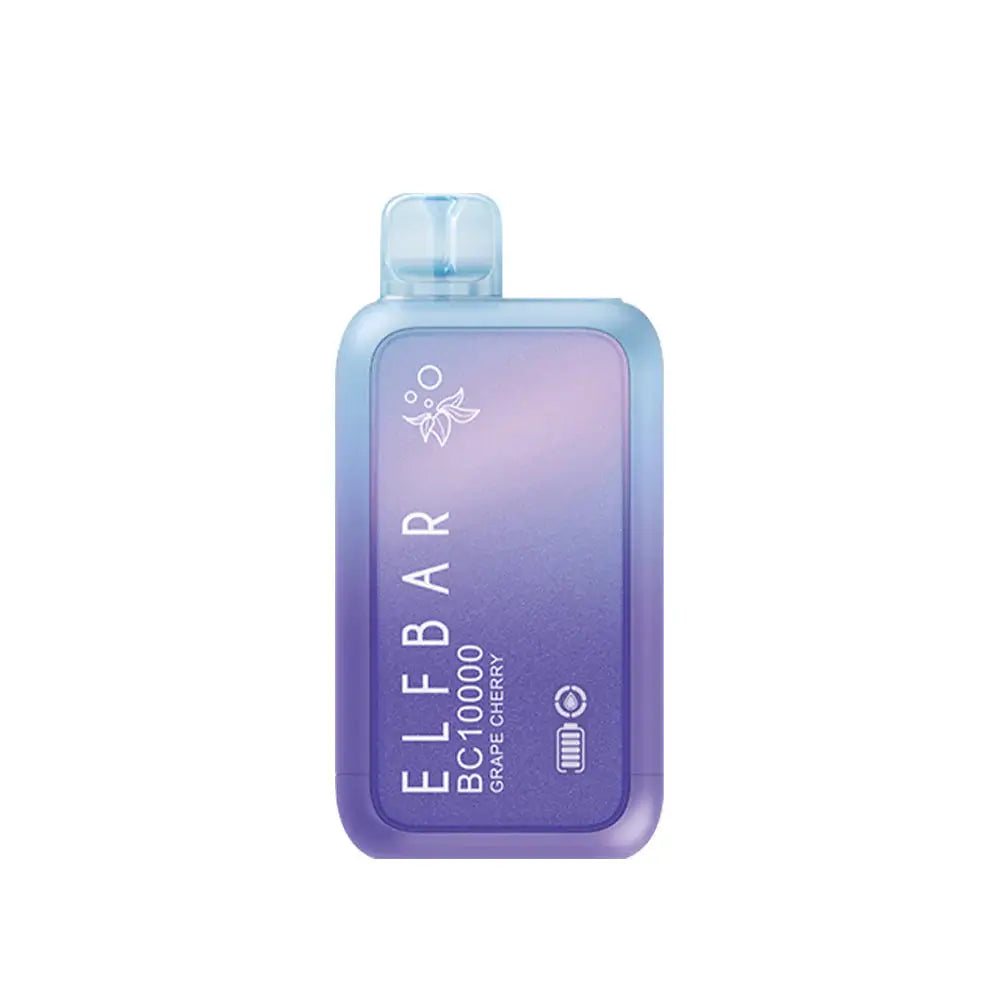 An ELFBAR BC10000 Grape Cherry disposable vape featuring a purple and light blue gradient body with a clear mouthpiece and printed text reading ELFBAR BC10000 Grape Cherry.