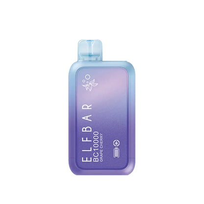 An ELFBAR BC10000 Grape Cherry disposable vape featuring a purple and light blue gradient body with a clear mouthpiece and printed text reading ELFBAR BC10000 Grape Cherry.