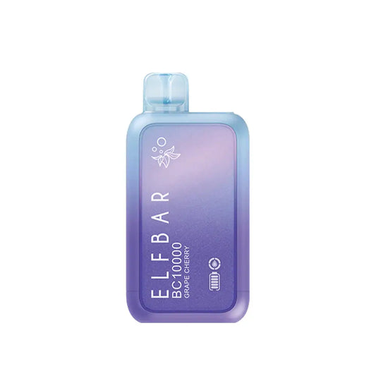 An ELFBAR BC10000 Grape Cherry disposable vape featuring a purple and light blue gradient body with a clear mouthpiece and printed text reading ELFBAR BC10000 Grape Cherry.