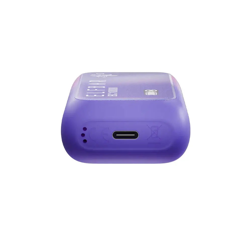 Bottom view of a purple ELFBAR BC10000 Grape Ice disposable vape showing the USB-C charging port and airflow holes on a white background.