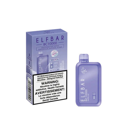 ELFBAR BC10000 Grape Ice disposable vape device and its matching purple packaging featuring a digital battery and e-liquid display.