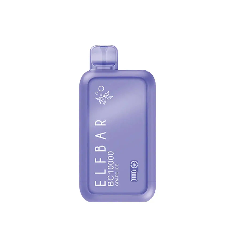 A purple ELFBAR BC10000 Grape Ice disposable vape featuring a translucent mouthpiece and a matte body with the brand logo and battery indicator icons.
