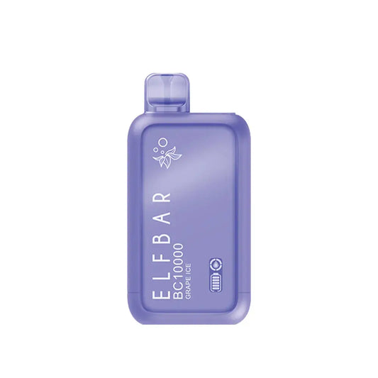A purple ELFBAR BC10000 Grape Ice disposable vape featuring a translucent mouthpiece and a matte body with the brand logo and battery indicator icons.