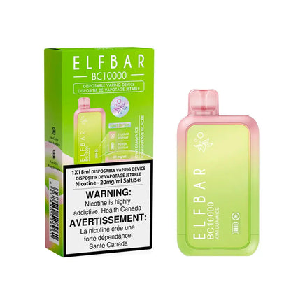 ELFBAR BC10000 Kiwi Guava Ice disposable vape device featuring a lime green and pink gradient finish, shown next to its matching green packaging with visible product branding and a health warning label.