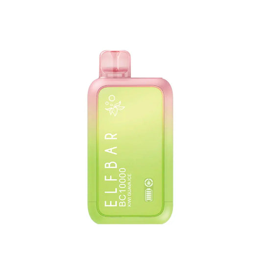 ELFBAR BC10000 Kiwi Guava Ice disposable vape featuring a lime green and pink gradient body with white text and a translucent pink mouthpiece.