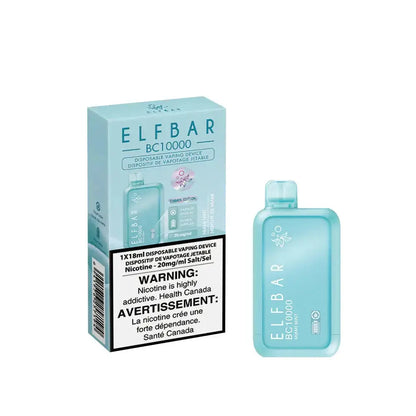 An ELFBAR BC10000 Miami Mint disposable vape device and its light blue packaging featuring a digital display for e-liquid and power levels.