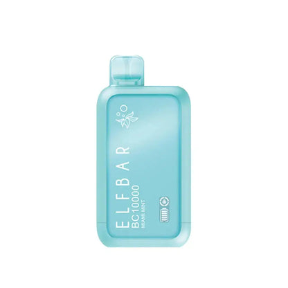 An ELFBAR BC10000 Miami Mint disposable vape featuring a light blue rectangular body with rounded edges, a translucent mouthpiece, and white text indicating the brand and flavor.