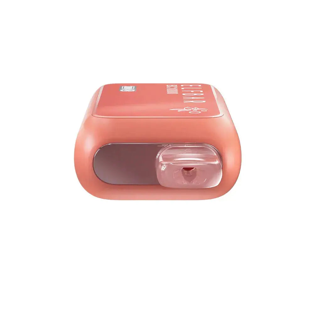 Top-down view of a peach-colored ELFBAR BC10000 disposable vape featuring a clear plastic mouthpiece and a glossy body with the ELFBAR BC10000 logo visible on the side.