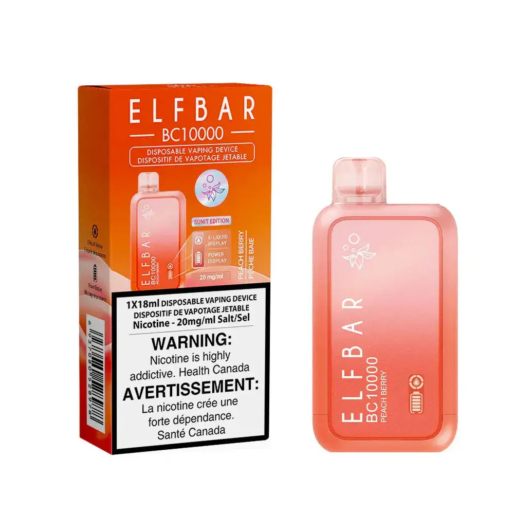 ELFBAR BC10000 Peach Berry disposable vape device and its orange packaging featuring a nicotine warning label and product specifications.