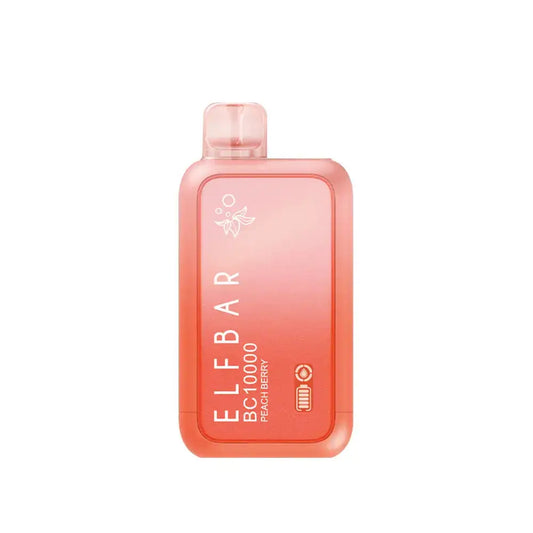 An ELFBAR BC10000 Peach Berry disposable vape featuring a pink and orange gradient body with a translucent mouthpiece and white text displaying the brand name and flavor.