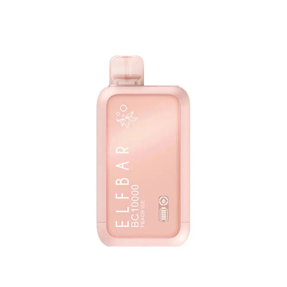 An ELFBAR BC10000 Peach Ice disposable vape featuring a light peach-colored rectangular body with rounded edges, a clear mouthpiece, and white text reading ELFBAR BC10000 Peach Ice alongside a battery and liquid indicator icon.