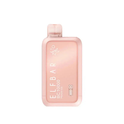 An ELFBAR BC10000 Peach Ice disposable vape featuring a light peach-colored rectangular body with rounded edges, a clear mouthpiece, and white text reading ELFBAR BC10000 Peach Ice alongside a battery and liquid indicator icon.