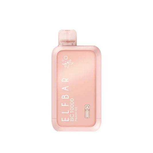 An ELFBAR BC10000 Peach Ice disposable vape featuring a light peach-colored rectangular body with rounded edges, a clear mouthpiece, and white text reading ELFBAR BC10000 Peach Ice alongside a battery and liquid indicator icon.