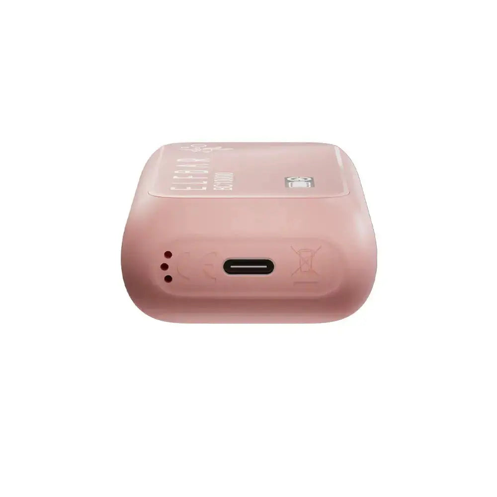 Bottom view of a peach-colored ELFBAR BC10000 disposable vape showing the USB-C charging port, air intake holes, and regulatory symbols on a white background.