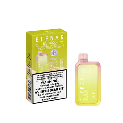 An ELFBAR BC10000 Peach Mango disposable vape device with a yellow and pink gradient finish stands next to its lime green packaging featuring product details and a health warning label.