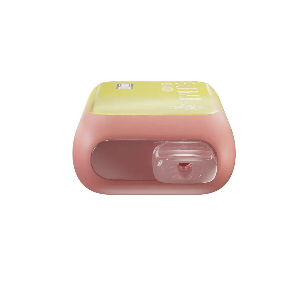 Top-down view of an ELFBAR BC10000 Peach Mango disposable vape featuring a pink matte body and a clear plastic mouthpiece on a white background.