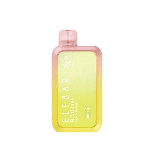 An ELFBAR BC10000 Peach Mango disposable vape featuring a yellow and pink gradient body with a translucent pink mouthpiece and printed text reading ELFBAR BC10000 Peach Mango.