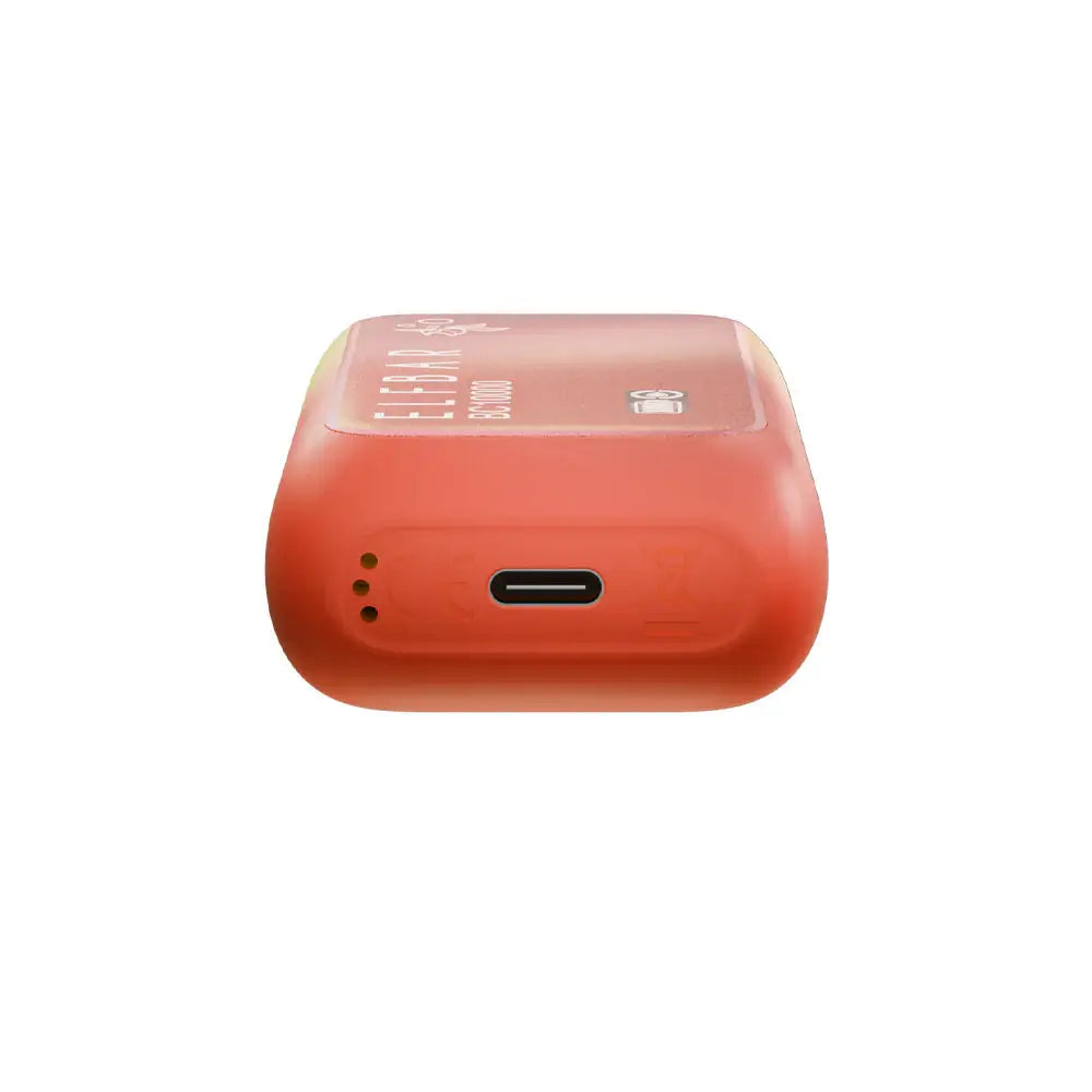 Bottom view of a red ELFBAR BC10000 disposable vape showing the USB-C charging port and air intake holes on a white background.