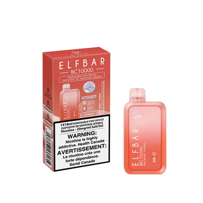 An ELFBAR BC10000 Red Berry Cherry disposable vape device with a red gradient finish stands next to its matching red and white cardboard packaging featuring a nicotine warning label.