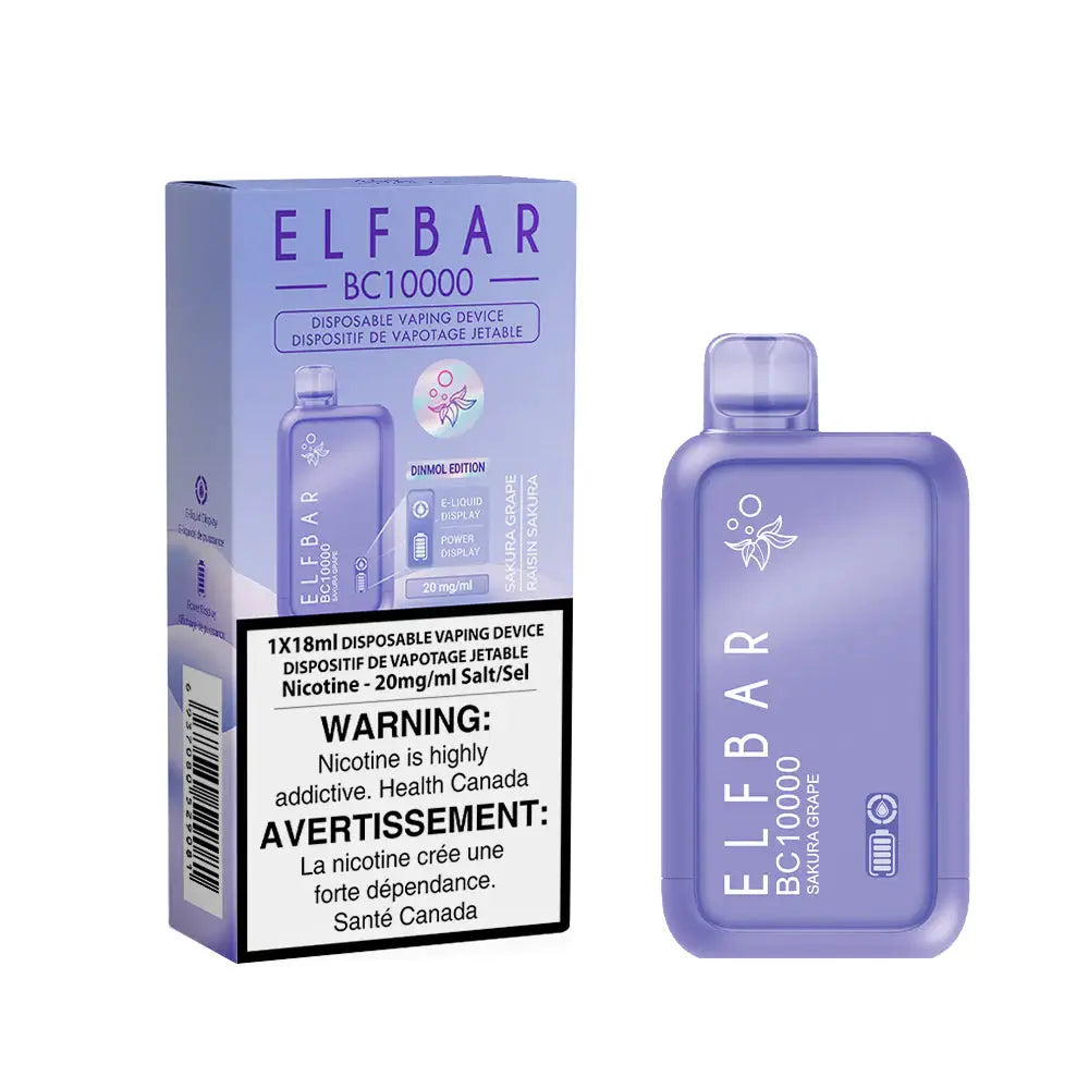 Purple ELFBAR BC10000 Sakura Grape disposable vape device shown next to its original packaging featuring a 20mg/ml nicotine salt warning label.