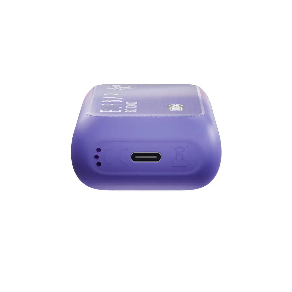 Bottom view of a purple ELFBAR BC10000 Sakura Grape disposable vape showing the USB-C charging port and airflow holes on a white background.