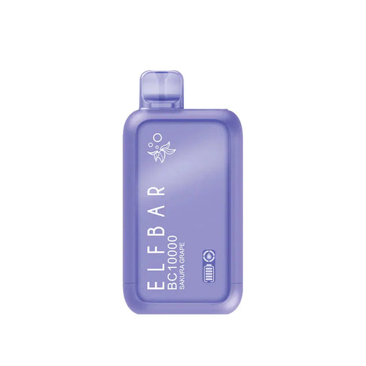 A purple ELFBAR BC10000 Sakura Grape disposable vape with a translucent mouthpiece and white text on a solid background.