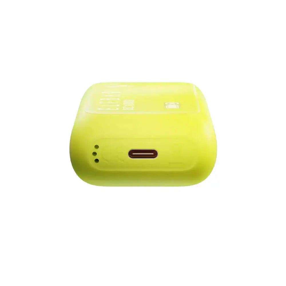 Bottom view of a lime green ELFBAR BC10000 Strawberry Banana disposable vape showing the USB-C charging port and airflow holes against a white background.
