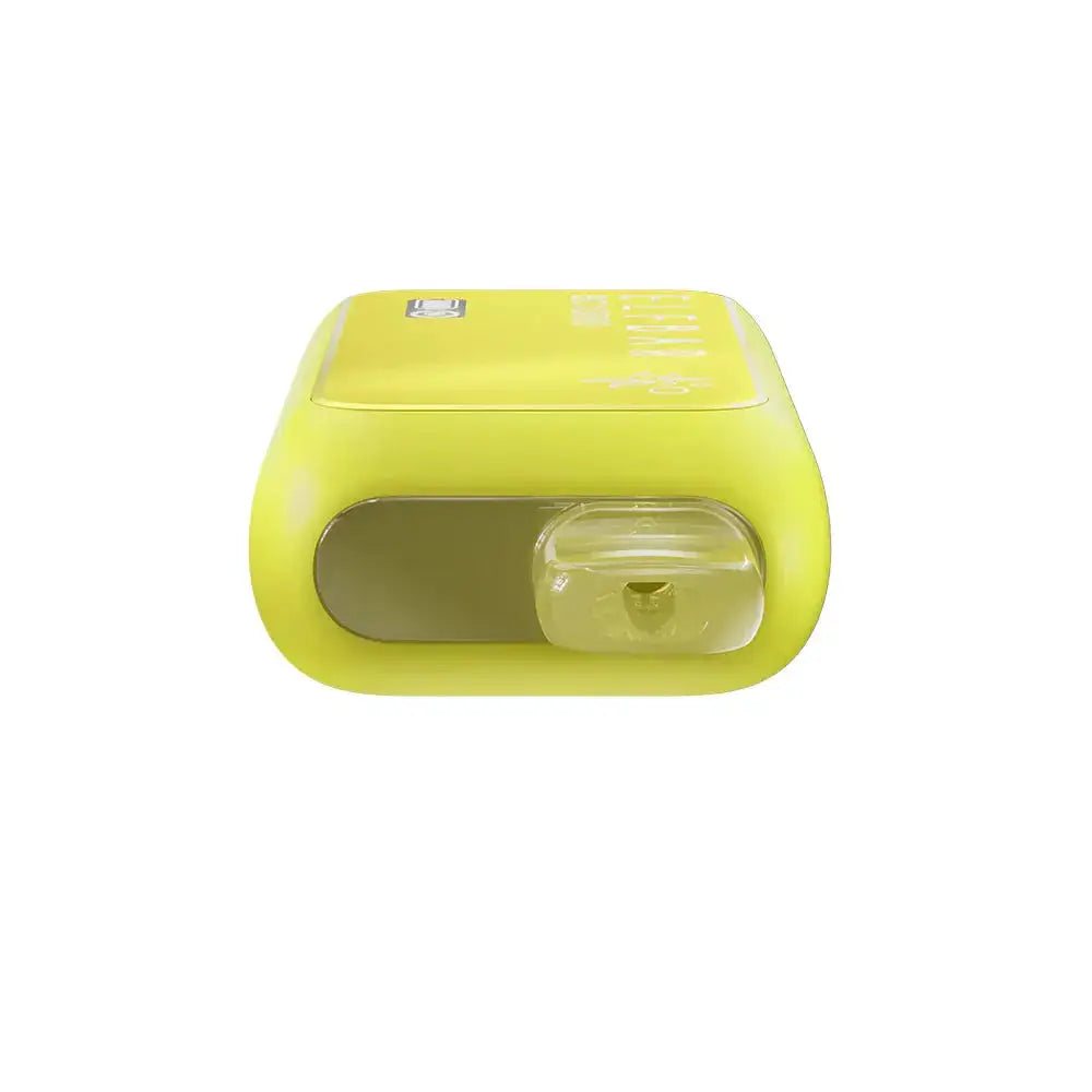 Top-down view of a yellow ELFBAR BC10000 Strawberry Banana disposable vape showing the clear plastic mouthpiece and a glossy top panel with faint branding.