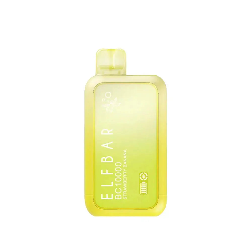 An ELFBAR BC10000 Strawberry Banana disposable vape featuring a yellow and lime green gradient body with white text and battery indicator icons on a plain white background.