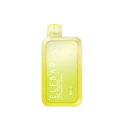 An ELFBAR BC10000 Strawberry Banana disposable vape featuring a yellow and lime green gradient body with white text and battery indicator icons on a plain white background.