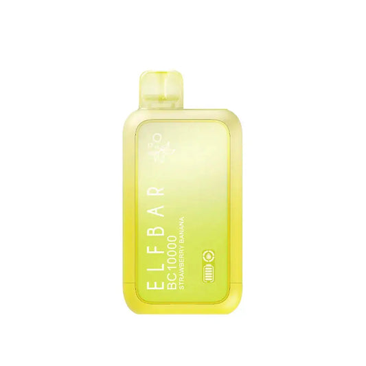 An ELFBAR BC10000 Strawberry Banana disposable vape featuring a yellow and lime green gradient body with white text and battery indicator icons on a plain white background.
