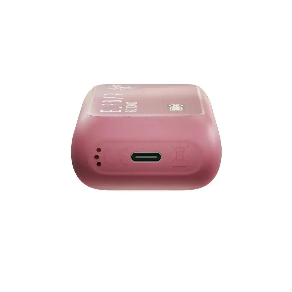 Bottom view of a pink ELFBAR BC10000 Strawberry Ice disposable vape showing the USB-C charging port and airflow holes against a white background.